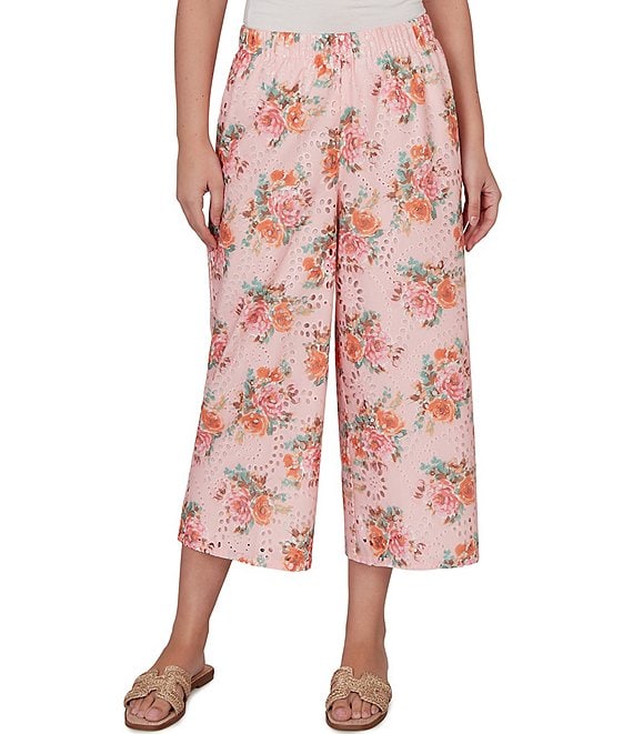 Ruby Rd. Petite Size Floral Eyelet Wide Leg Pull-On Coordinating Capri Pants