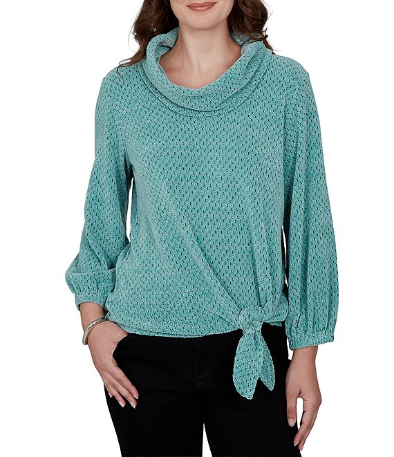 Ruby Rd. Petite Size Honeycomb Chenille Knit Cowl Neck 3/4 Sleeve Side Tie Top