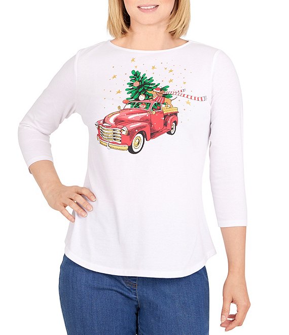 Color:Alabaster Multi - Image 1 - Petite Size Knit Boat Neck 3/4 Sleeve Embellished Holiday Season Truck Graphic Top