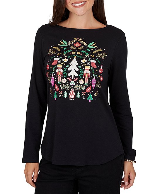 Ruby Rd. Petite Size Knit Festive Nutcracker Boat Neck Long Sleeve Top