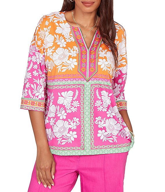 Ruby Rd. Petite Size Knit Floral Patchwork Print V-Neck 3/4 Sleeve Top