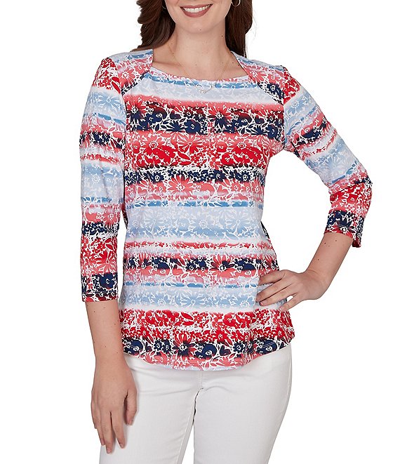 Ruby Rd. Petite Size Knit Floral Stripe Square Neck 3/4 Sleeve Top
