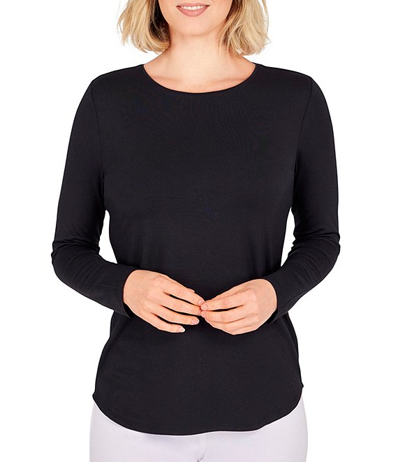 Color:Black - Image 1 - Petite Size Knit Jersey Round Neck Long Sleeve Top
