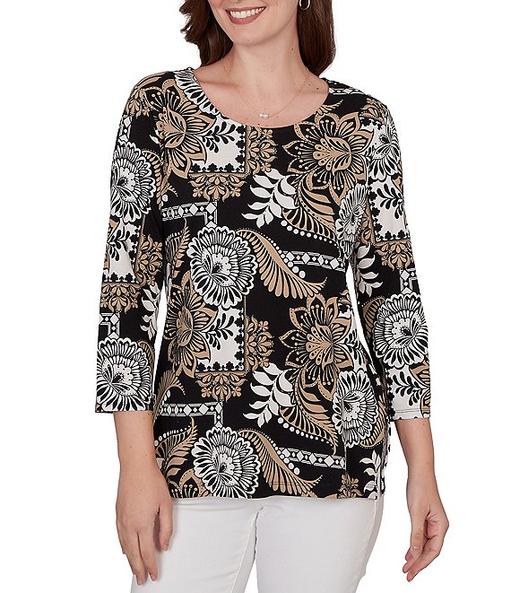 Ruby Rd. Petite Size Knit Tropical Patchwork Print Scoop Neck 3/4 Sleeve Top