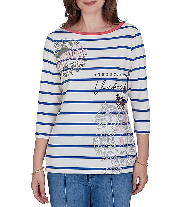 Ruby Rd. Petite Size Knit Varsity Stripe Delicate Floral Boat Neck 3/4 Sleeve Top