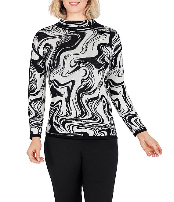 Color:Alabaster/Black - Image 1 - Petite Size Marble Print Mock Neck Long Sleeve Contrast Trim Sweater