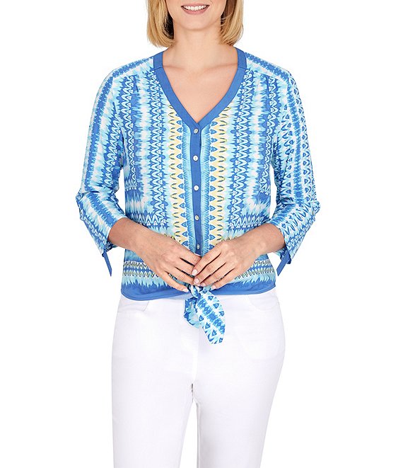 Color:Pacific Multi - Image 1 - Petite Size Pacific Ikat Print V-Neck 3/4 Roll-Tab Sleeve Tie Hem Button Front Woven Top