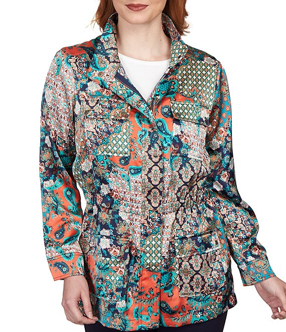 Color:Teal Multi - Image 1 - Petite Size Patchwork Paisley Print Charmeuse Concealed Zipper Front Anorak Jacket