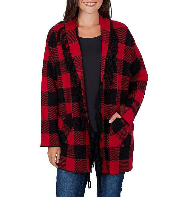 Ruby Rd. Petite Size Red Black Buffalo Plaid Shawl Collar Long Sleeve Fringe Open Front Cardigan