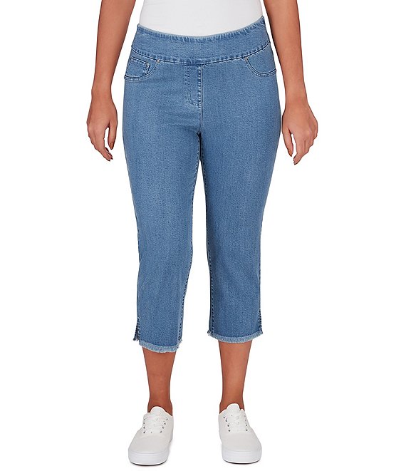 Ruby Rd. Petite Size Relaxed Fringe Hem Pull-On Denim Pants