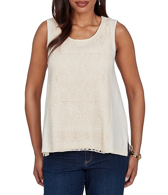 Ruby Rd. Petite Size Scoop Neck Sleeveless Crochet Lace Coordinating Knit Tank