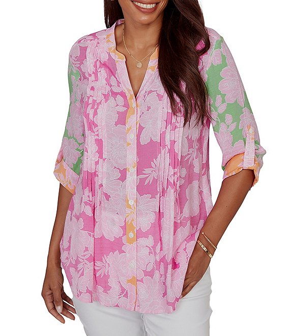 Ruby Rd. Petite Size Silky Gauze Color-Block Floral Split V-Neck Roll-Tab Sleeve Button-Front Blouse