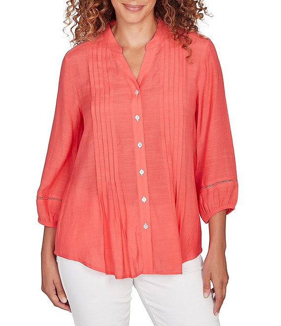 Ruby Rd. Petite Size Silky Slub Woven Split V-Neck 3/4 Sleeve Button Front Top