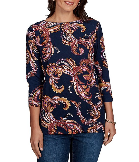 Ruby Rd. Petite Size Slub Knit Paisley Boat Neck 3/4 Sleeve Top