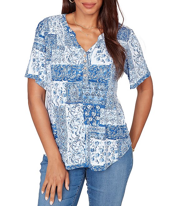 Ruby Rd. Petite Size Soft Knit Patchwork Print Split V-Neck Short Sleeve Tee Top