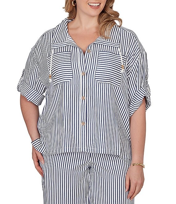 Ruby Rd. Petite Size Spliced Stripe Spread Collar 3/4 Roll-Tab Sleeve Button-Front Jacket