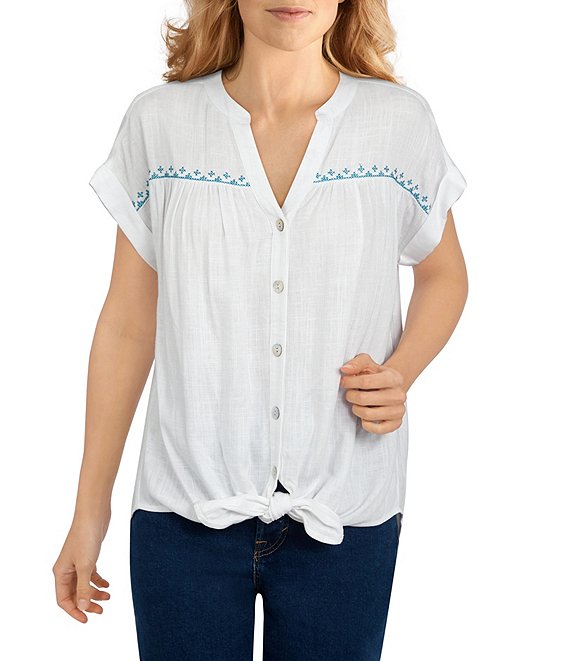 Color:White - Image 1 - Petite Size Split Round Neck Short Cuffed Dolman Sleeve Button Tie Front Embroidered Top