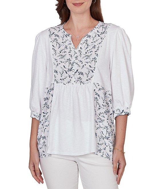 Ruby Rd. Petite Size Split V-Neck 3/4 Sleeve Sharkbite Hem Flowy Top