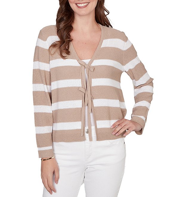 Ruby Rd. Petite Size Stripe V-Neck Long Sleeve Tie-Front Sweater