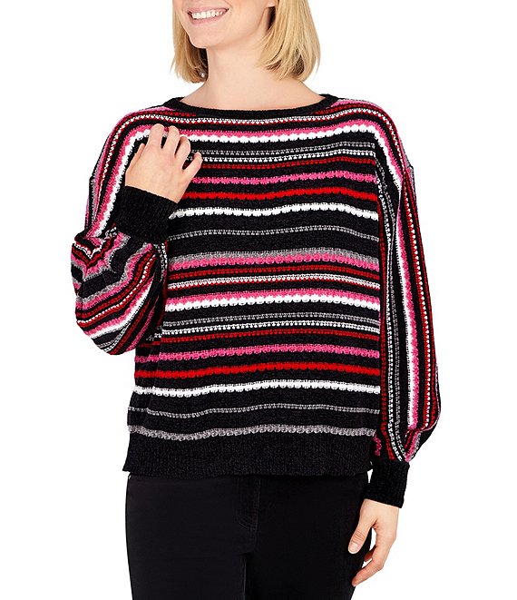 Color:Multi - Image 1 - Petite Size Striped Cozy Chenille Crew Neck Long Sleeve Rib Hem Sweater