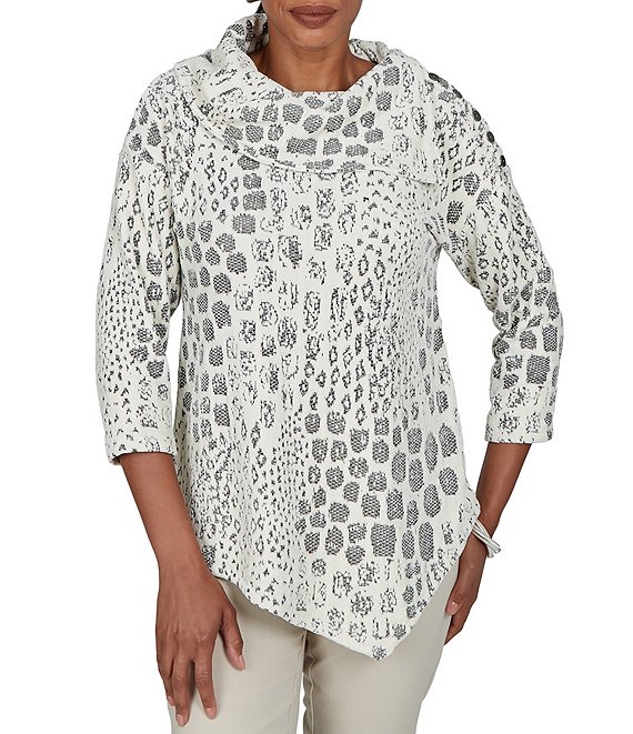 Ruby Rd. Petite Size Textured Animal Jacquard Split Cowl Neck 3/4 Sleeve Asymmetric Hem Sweater