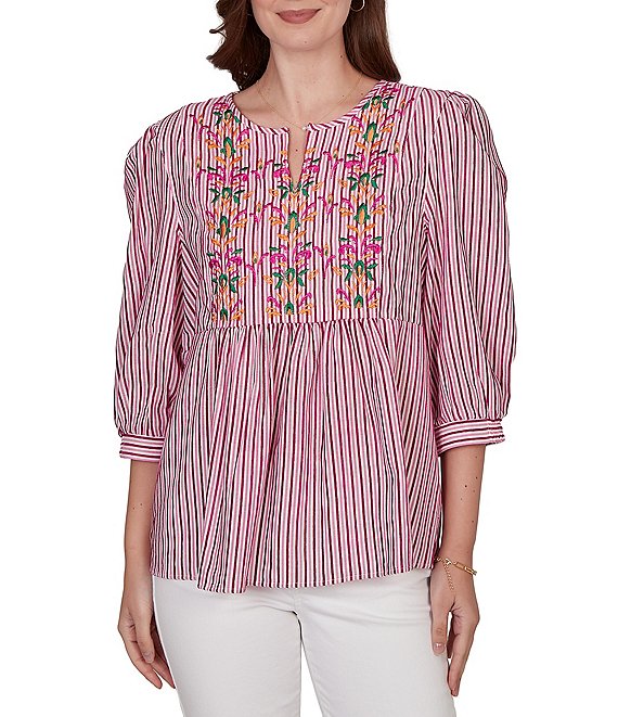 Ruby Rd. Petite Size Textured Yarn-Dyed Stripe Embroidered Split V-Neck 3/4 Sleeve Blouse
