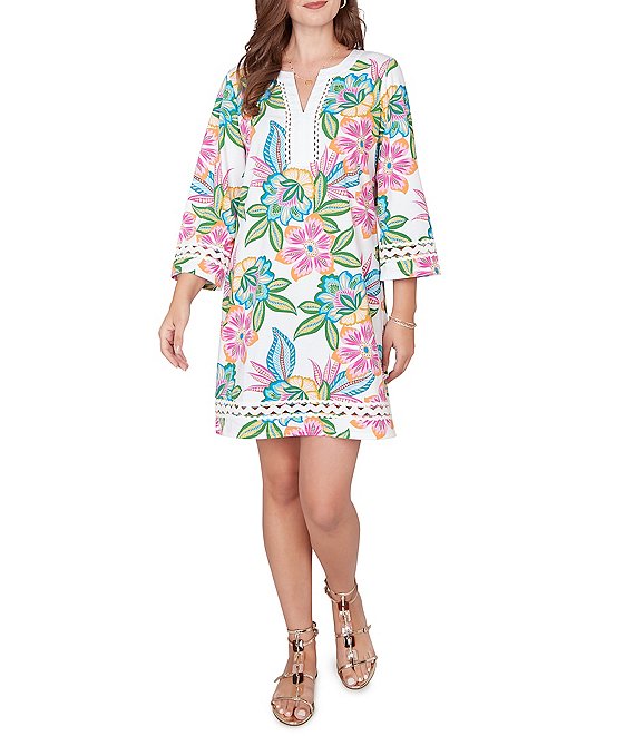 Ruby Rd. Petite Size Tropical Floral Split V-Neck 3/4 Sleeve Shift Dress