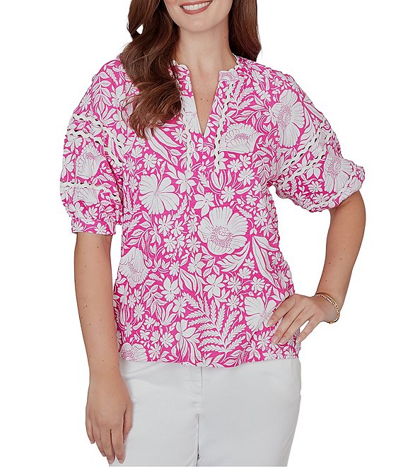 Ruby Rd. Petite Size Tropical Floral Split V-Neck Elbow Sleeve Top