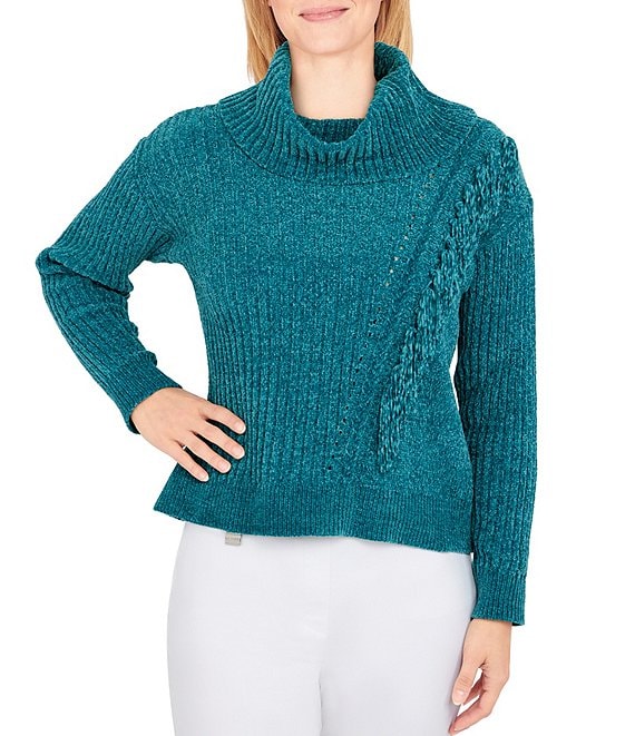 Color:Teal - Image 1 - Petite Size Woven Cowl Neck Long Sleeve Pullover Fringe Sweater