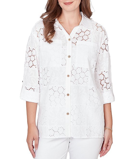 Ruby Rd. Petite Size Woven Eyelet Embroidery Collared V-Neck 3/4 Roll-tab Sleeve Button-Front Shirt