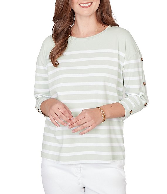 Ruby Rd. Petite Size Yarn-Dyed Stripe Crew Neck 3/4 Button Sleeve Knit Top