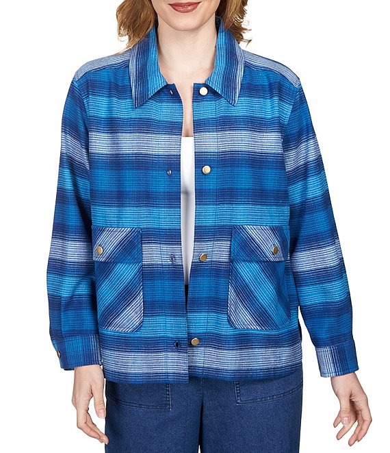 Color:Aegean Blue Multi - Image 1 - Petite Size Yarn Dyed Stripe Print Flannel Snap Front Jacket