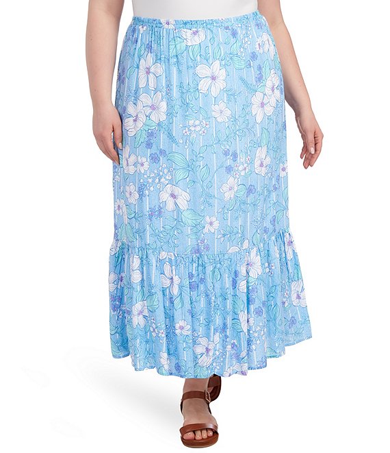 Color:Blue Bell Multi - Image 1 - Plus Allover Floral Print Metallic Stripe Pull-On Tiered Hem Maxi Skirt