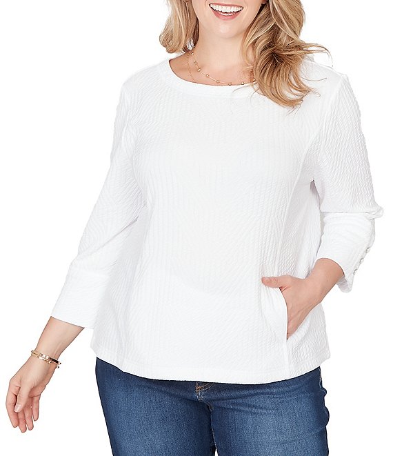 Ruby Rd. Plus Size Abstract Textured Pucker Knit Scoop Neck 3/4 Sleeve Top