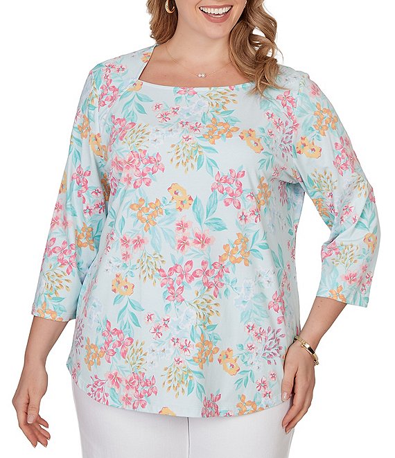 Ruby Rd. Plus Size Allover Floral Envelope Neck 3/4 Sleeve Knit Top