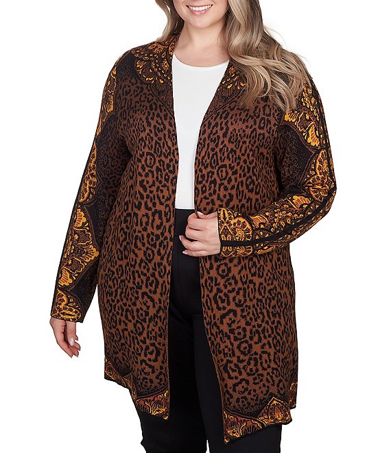 Ruby Rd. Plus Size Animal Print Knit Long Sleeve Open-Front Closure Cardigan