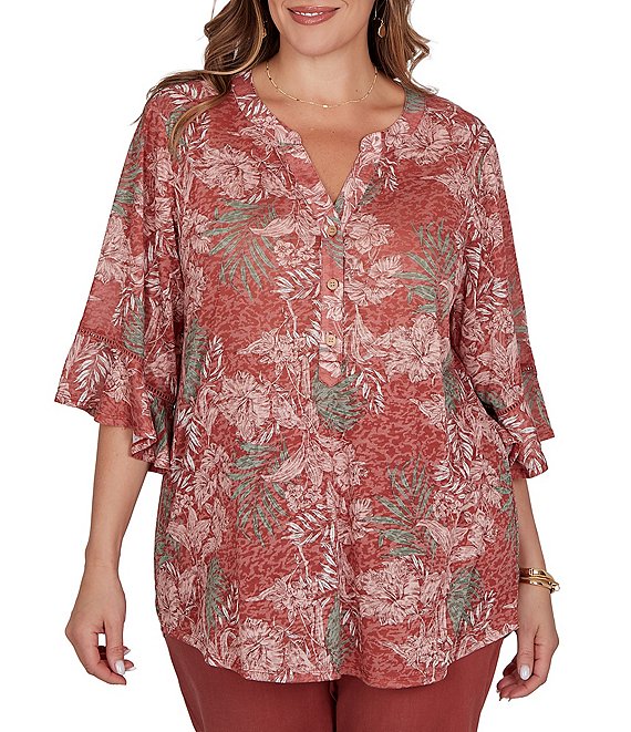 Ruby Rd. Plus Size Burnout Jersey Tropical Floral Henley Collar Elbow Length Flutter Sleeve Top