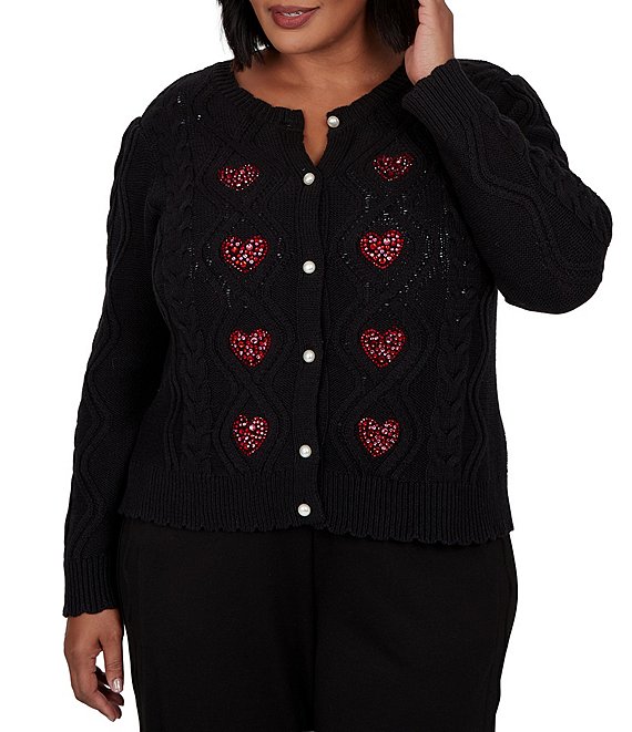 Ruby Rd. Plus Size Cable Knit Crystal Heart Scalloped Crew Neck Long Sleeve Button Front Cardigan