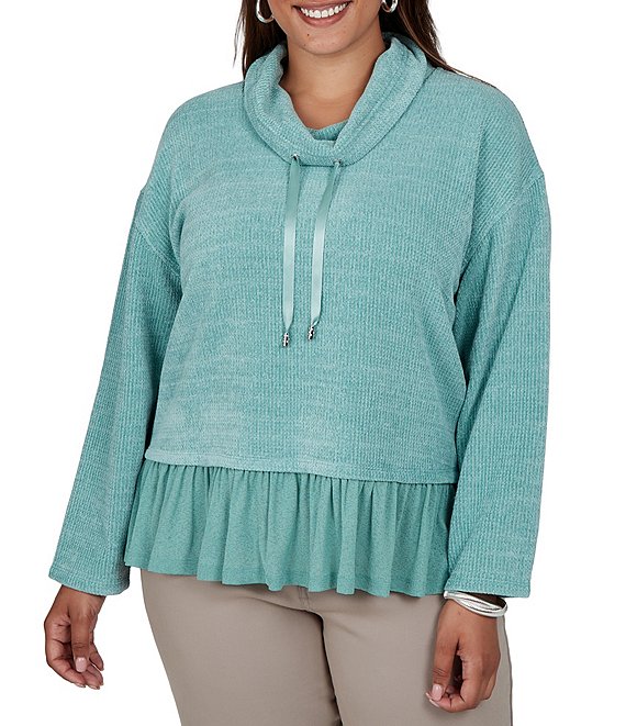 Ruby Rd. Plus Size Chenille Knit Mixed Media Cowl Neck Long Sleeve Ruffle Hem Combo Top