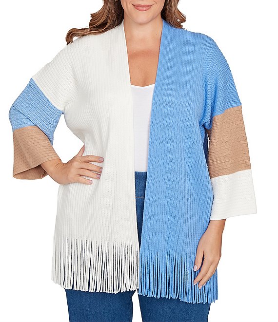 Ruby Rd. Plus Size Colorblock Long Sleeve Fringe Hem Open-Front Cardigan Sweater, Ivory Multi - Image 1