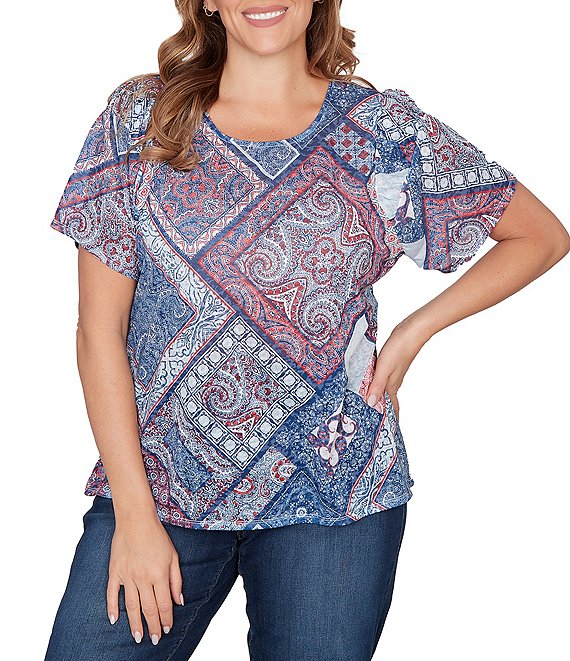 Ruby Rd. Plus Size Colorful Patchwork Print Scoop Neck Short Sleeve Knit Tee