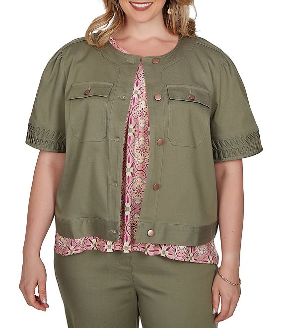 Ruby Rd. Plus Size Coordinating Tencel Denim Crew Neck Short Sleeve Pleated Trim Utility Jacket