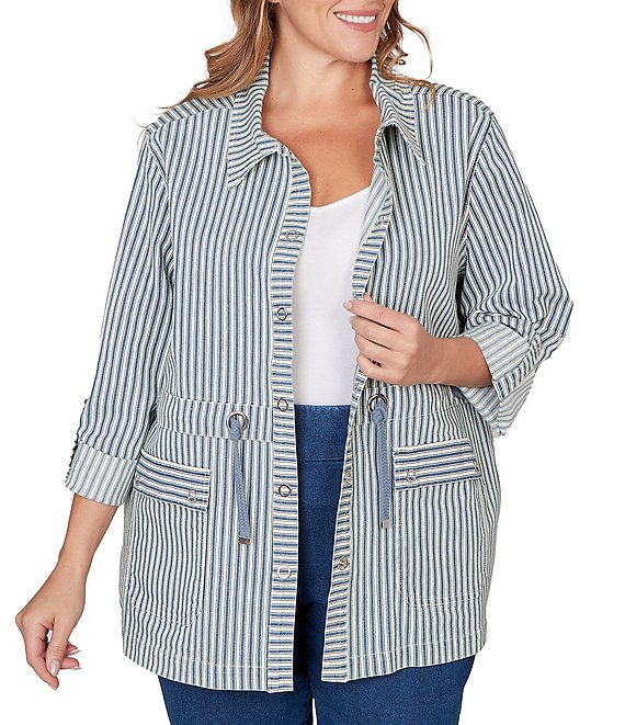 Ruby Rd. Plus Size Cotton-Blend Stripe Point Collar Long-Roll Tab Sleeve Anorak Jacket