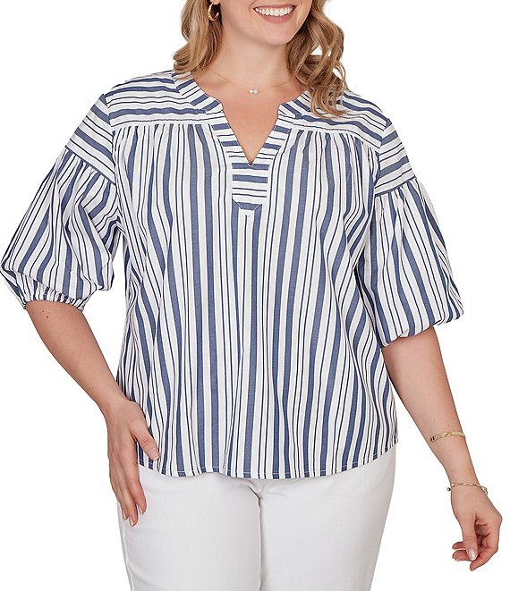 Ruby Rd. Plus Size Cotton Poplin Spliced Stripe Split V-Neck Elbow Sleeve Top