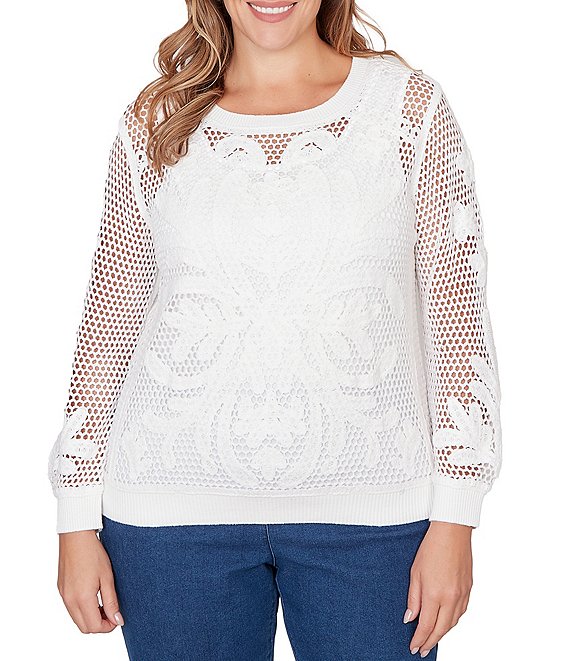 Ruby Rd. Plus Size Crocheted Overlay Inner Tank Scoop Neck Long Sleeve Sweater