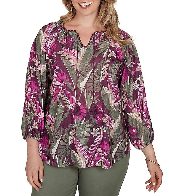 Ruby Rd. Plus Size Desertwillow Slub Knit Split V-Neck 3/4 Cuffed Sleeve Tassel Tie Top