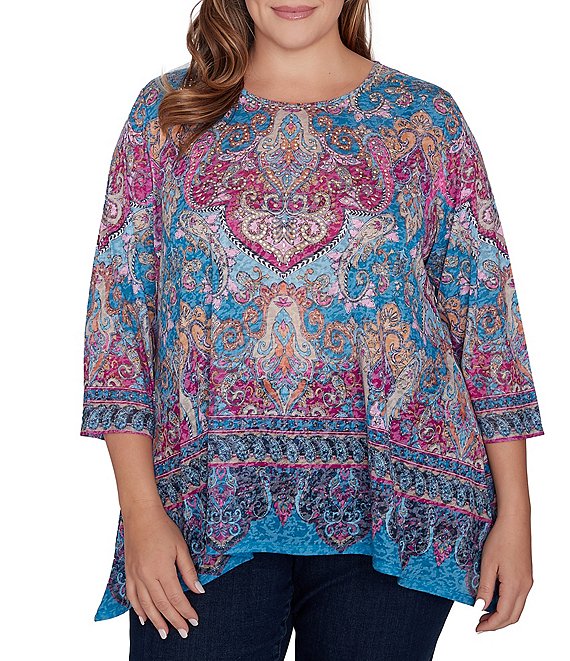 Ruby Rd. Plus Size Embellished Boat Neck 3/4 Sleeve Sharkbite Hem Tunic ...