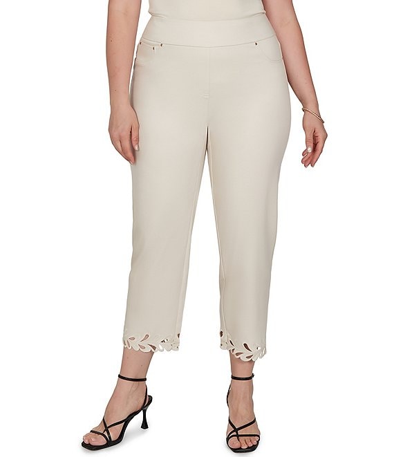 Ruby Rd. Plus Size Embroidered Cut Out Trim Straight Leg Ankle Pants