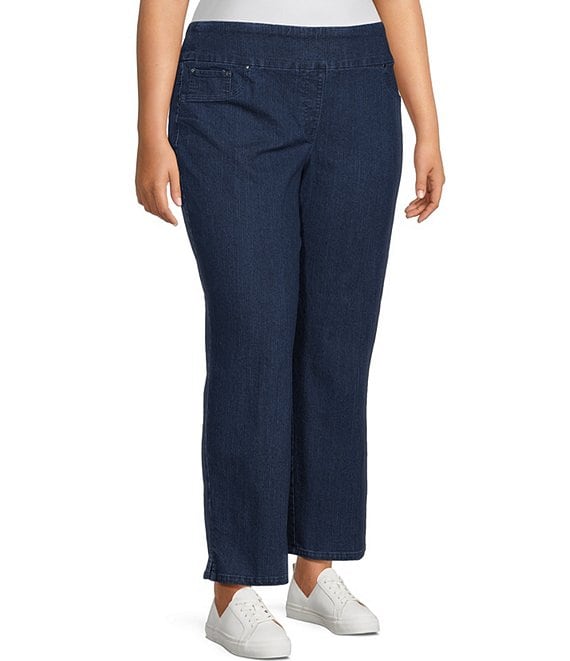 Color:Indigo - Image 1 - Plus Size Extra Stretch Denim Straight Leg Ankle Pull-On Jeans
