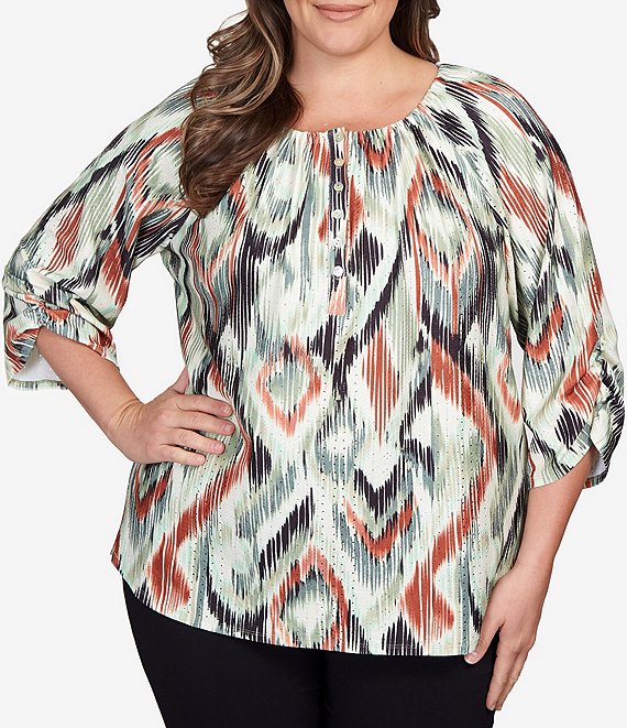 Ruby Rd. Plus Size Eyelet Knit Ikat Print 3/4 Ruched Sleeve Half Button ...